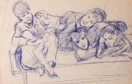 Robert Lenkiewicz, early blue biro drawing of four children, 22cm x 33cm, not signed, mounted only.