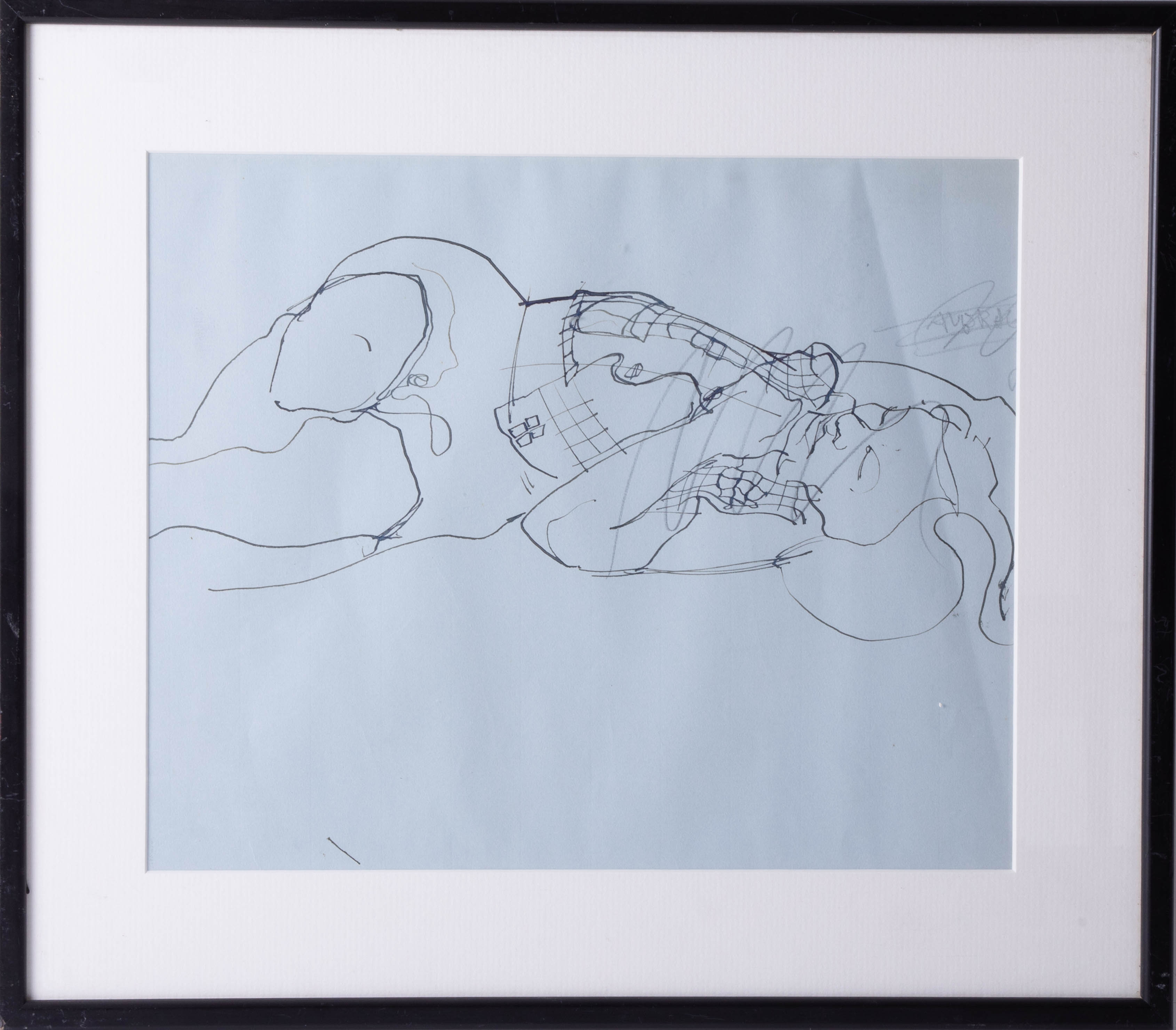 Attributed to Robert Lenkiewicz, black biro figurative drawing, 26cm x 33cm, framed and glazed.