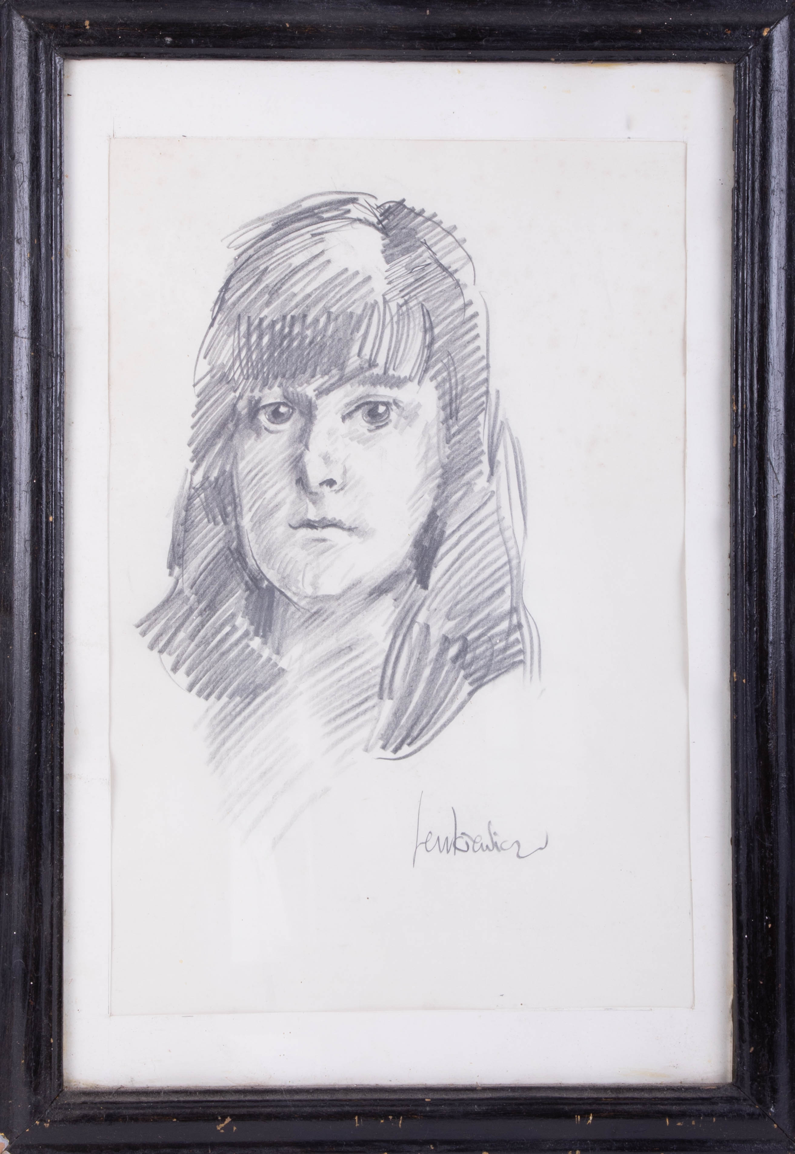 Robert Lenkiewicz, early pencil sketch, 'Young Girl', signed, 38cm x 26cm, framed and glazed.