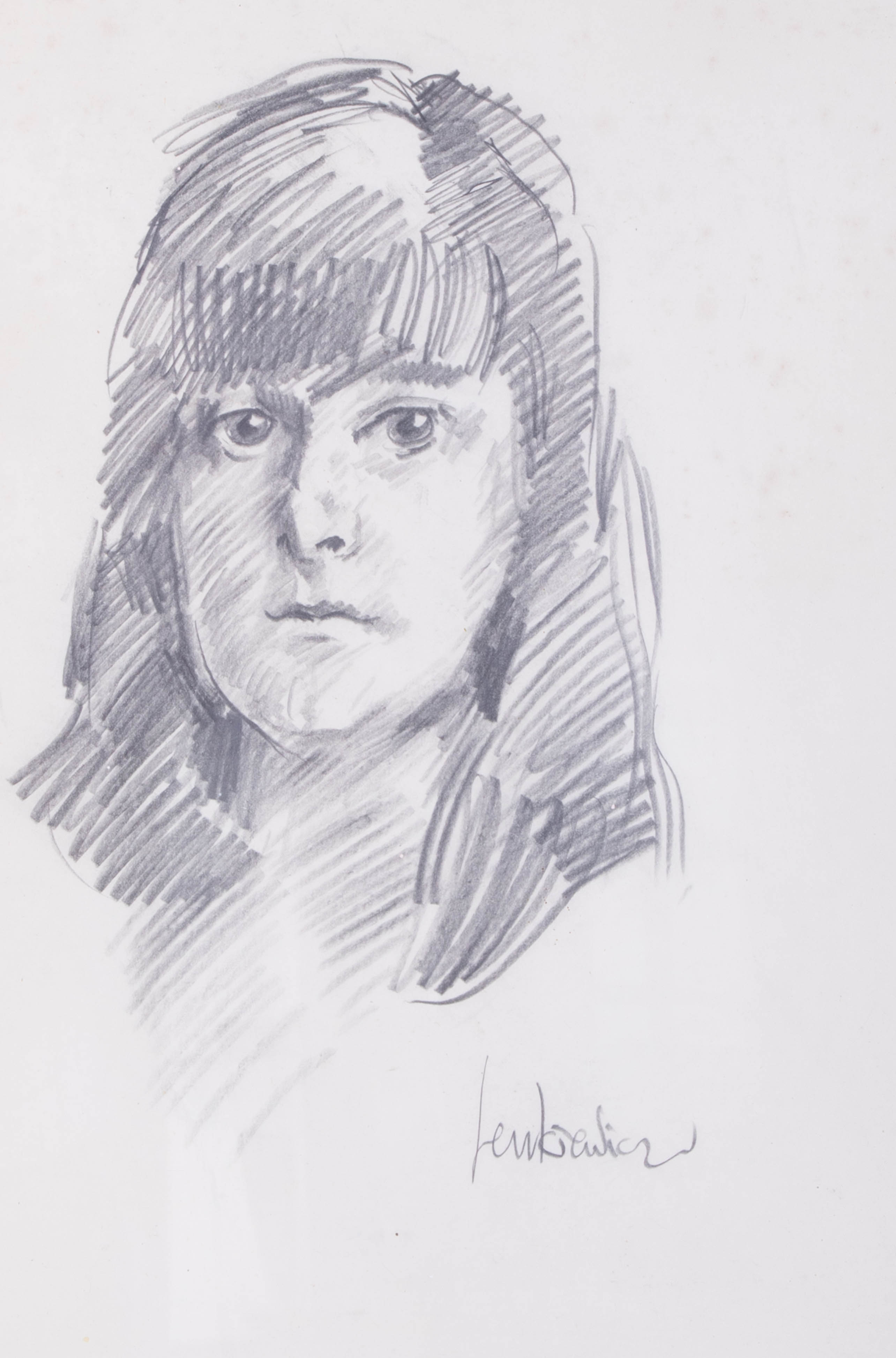 Robert Lenkiewicz, early pencil sketch, 'Young Girl', signed, 38cm x 26cm, framed and glazed. - Image 2 of 2