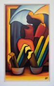 Jonah Matabola, acrylic on board 'Cooker Women' signed, framed, 101cm x 60cm.