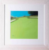 P J Spence? Mixed media of golf interest 'Putting Green', signed, 38cm x 38cm, framed and glazed.