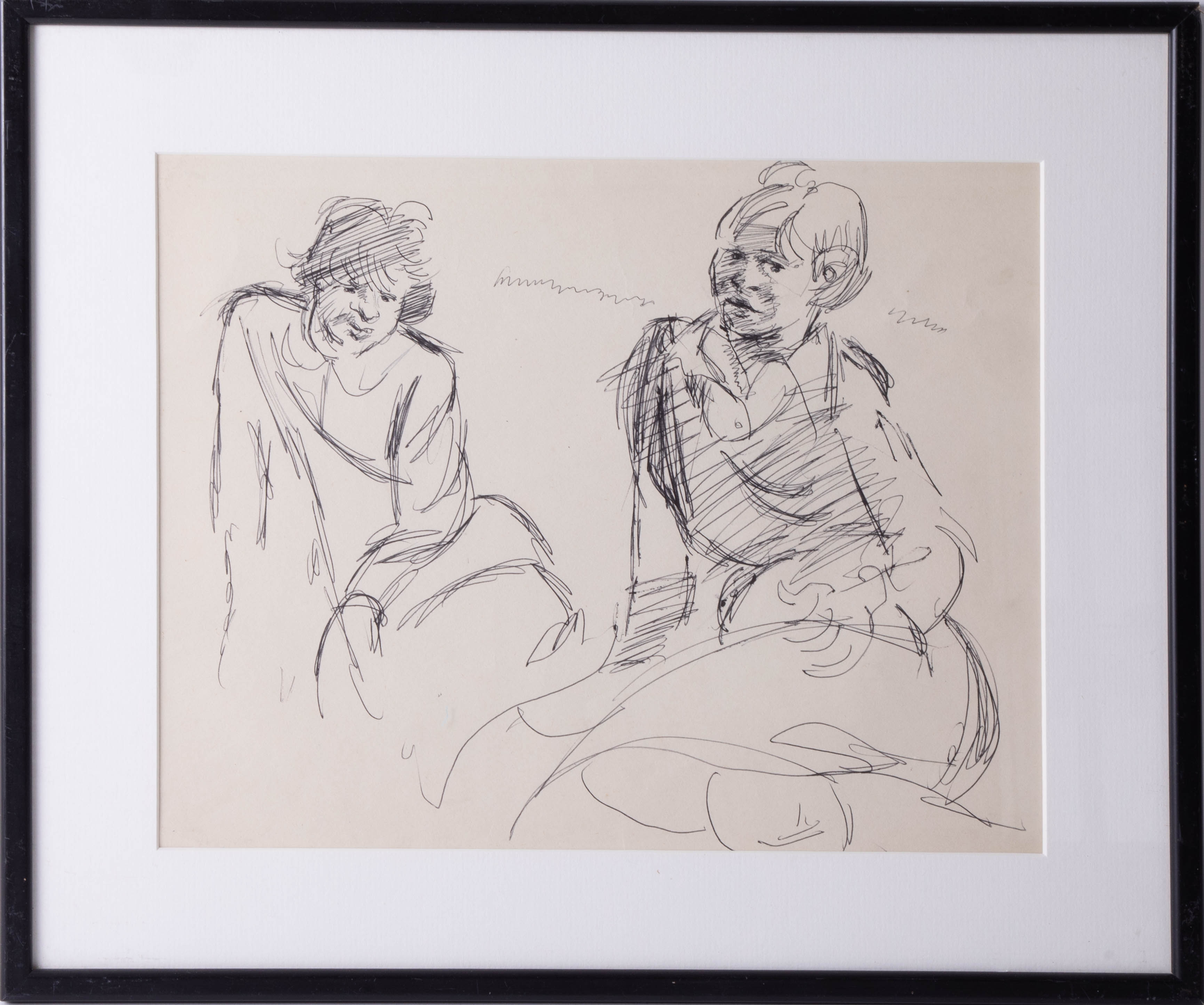 Robert Lenkiewicz, early black biro drawing of two figures, 26cm x 33cm, framed and glazed.
