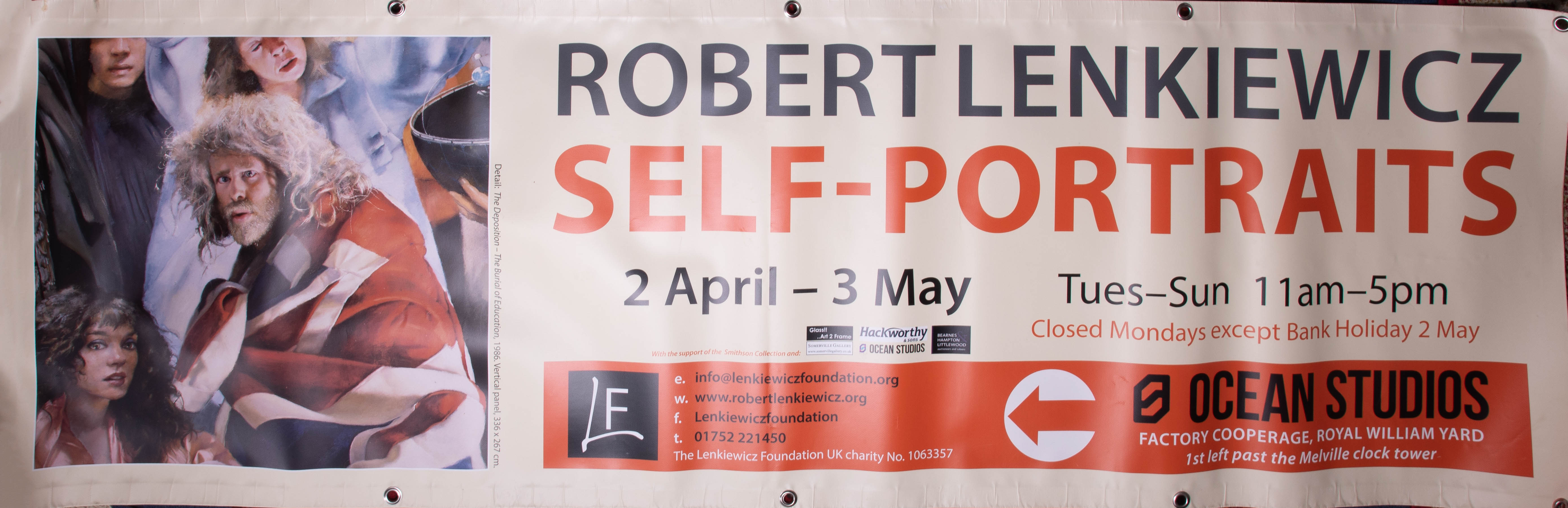 A large laminated canvas exhibition poster/print, Robert Lenkiewicz 'Self Portrait The Deposition,