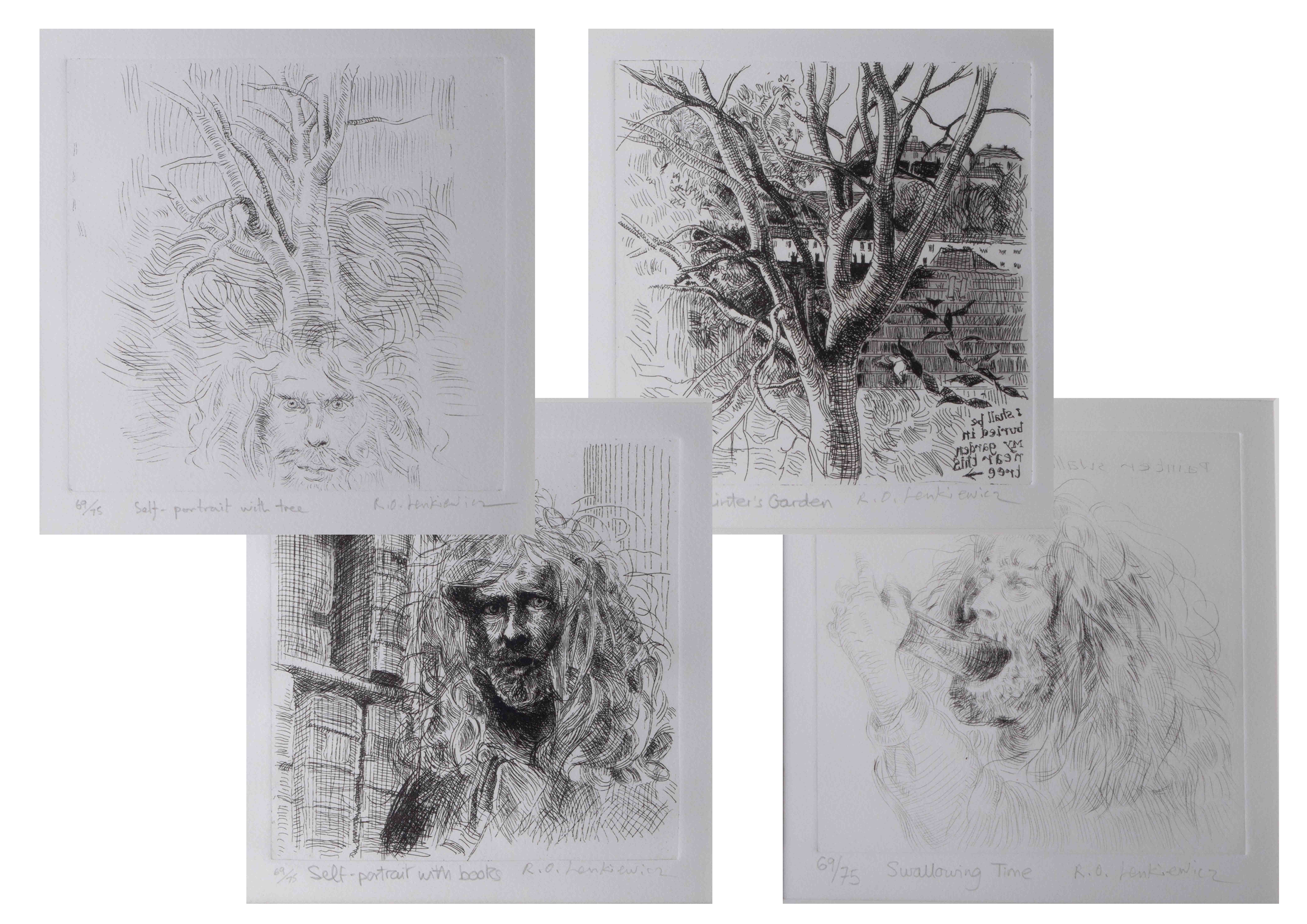 Robert Lenkiewicz, set of four etchings to comprising 'Swallowing Time', 'Painters Garden', 'Self