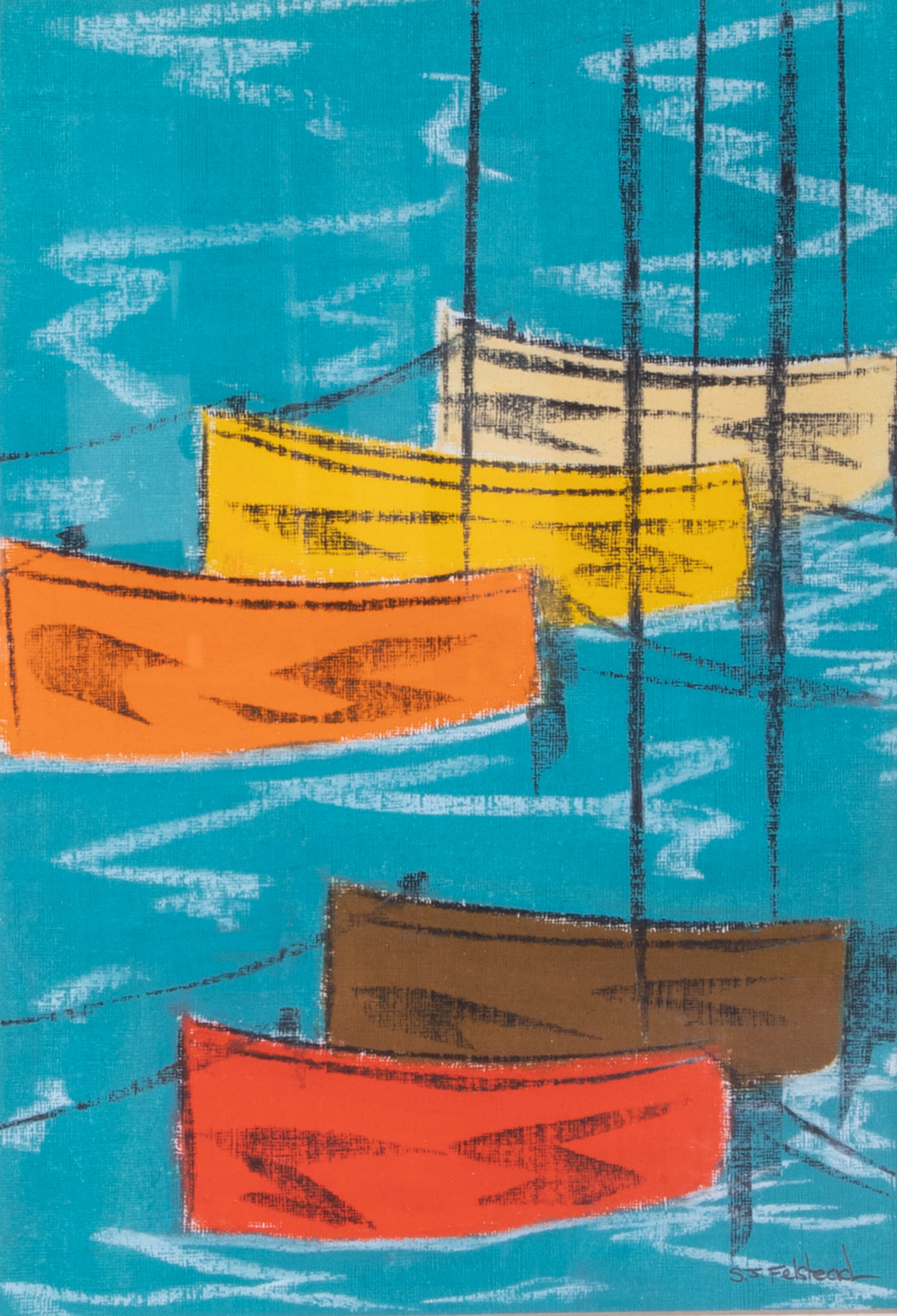 Stephen Felstead, mixed media 'Bright Boats', 33cm x 24cm, framed. - Image 2 of 2