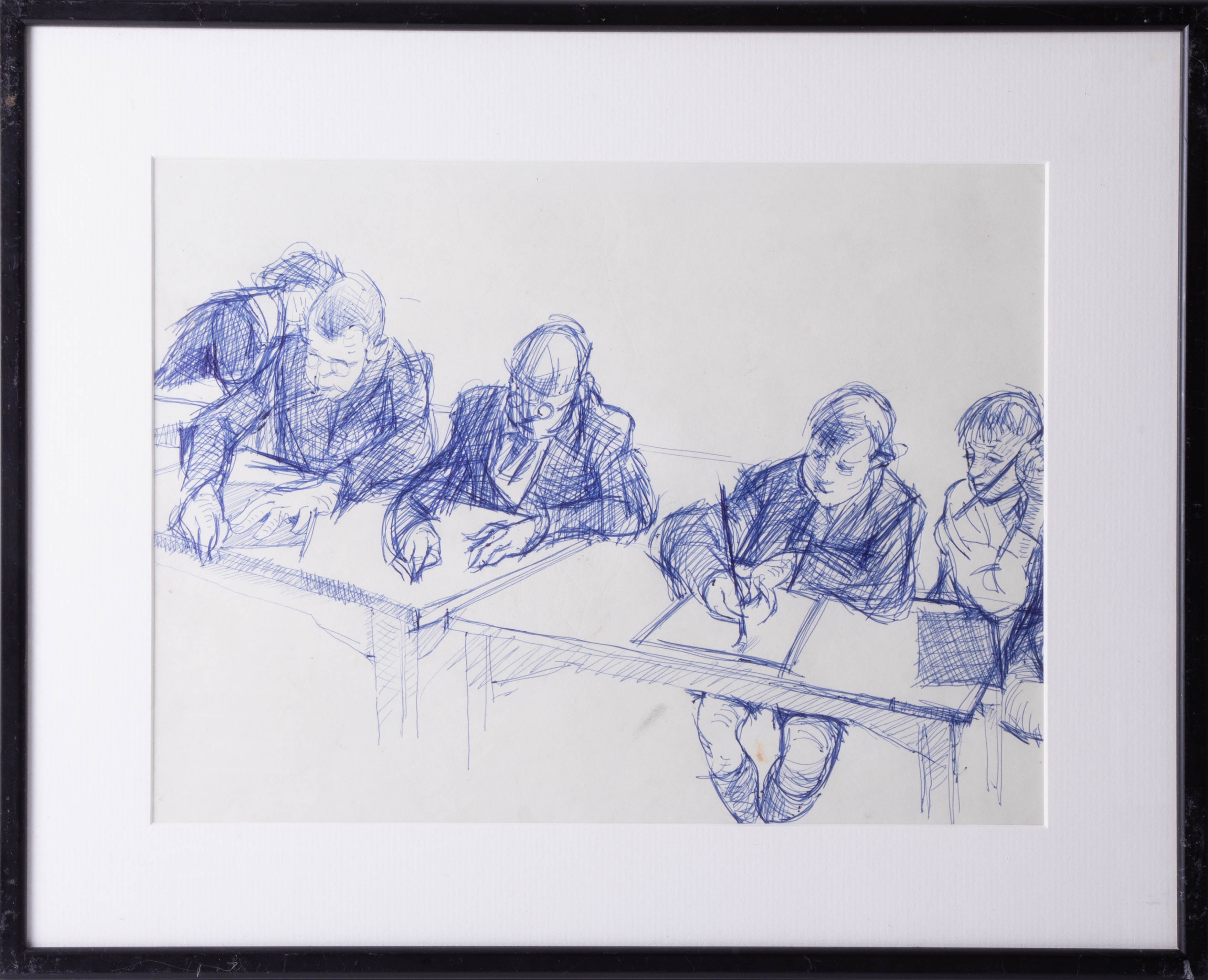 Robert Lenkiewicz, early blue biro drawing of art students, 25cm x 33cm, not signed, framed and