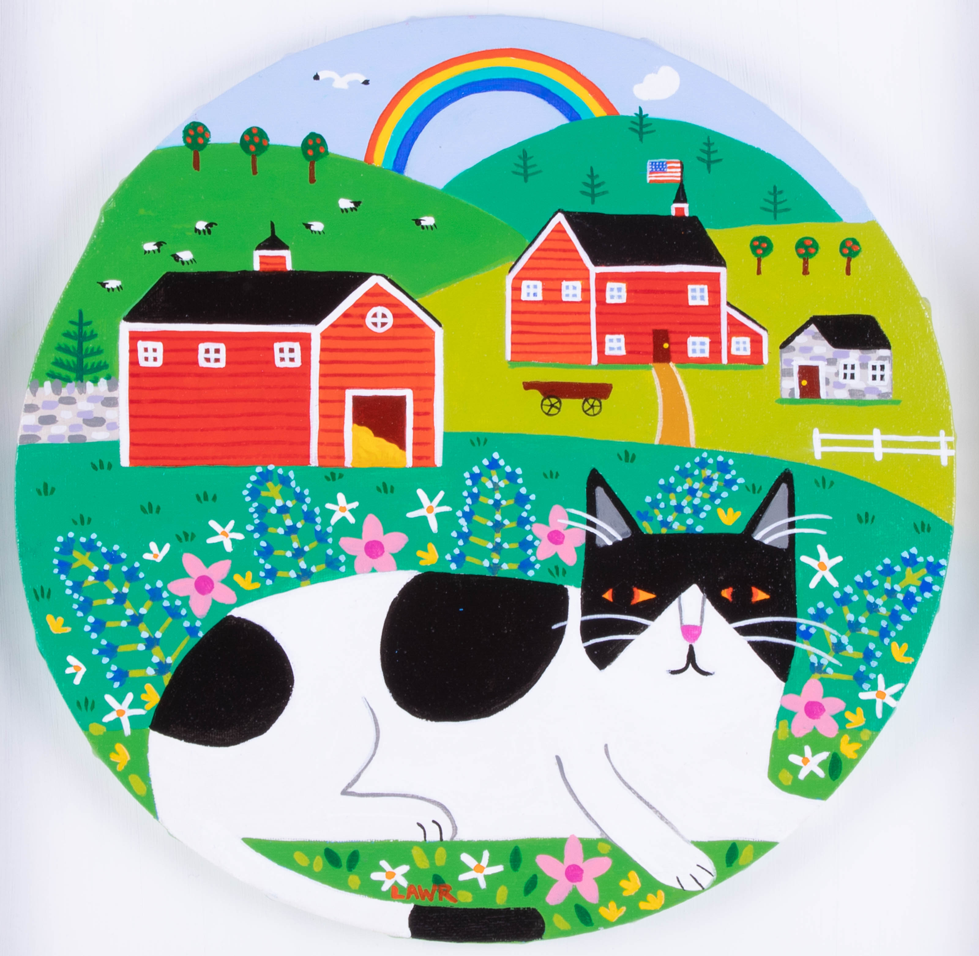 Arth Lawr, acrylic on roundel 'A Farm Cat, 2020', diameter 30cm, signed, consigned by the artist, - Image 2 of 2