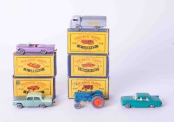 Matchbox Series A Lesney three models 29, 38, 39 and also Moko Lesney 33 & 72, boxed.