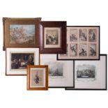 Eight assorted artworks including a pair of engraved prints including Billingsgate, a Victorian