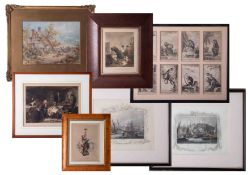 Eight assorted artworks including a pair of engraved prints including Billingsgate, a Victorian