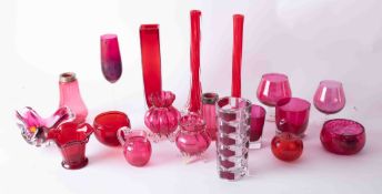 Large collection of glassware including clear cut glass, cranberry and White Friars vase.