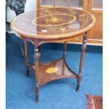 A mahogany oval occasional table with two tiers, the top with decorative marquetry style inlay and