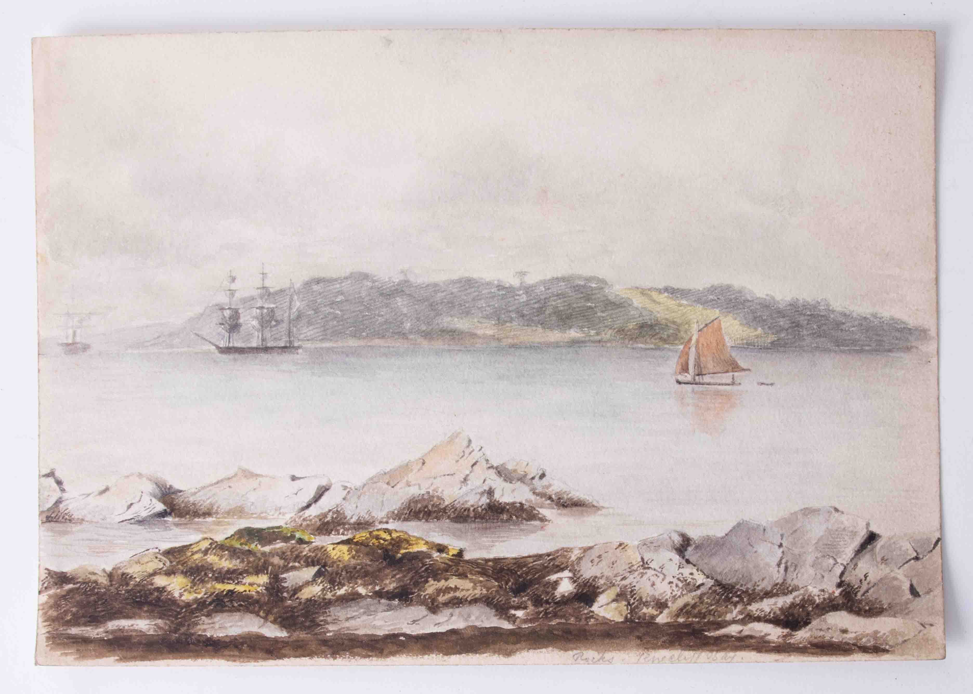 Traditional watercolour unsigned, titled in pencil ''Rocks, Jene Cliff Bay', 18cm x 25cm.