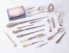 Various silver mounted button hooks, silver plated and other objects including silver bladed small