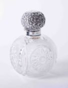 A silver and glass scent bottle, makers mark HTB with gilt lined lid (lacks stopper), height 14cm.