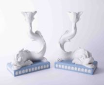 A pair of pale blue Jasperware dolphin candlesticks 2000 with original box and outer box, issued