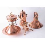A collection of various copper wares including food warmer, kettle, coffee urn, lidded dish etc.
