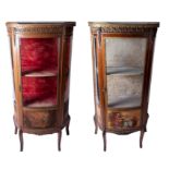 A near pair Vernis Martin style display cabinets, each with marble top (one damaged), single