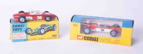 Corgi Toys two models 155 Formula One Racing car and 158 Lotus Climax, boxed.