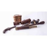 An antique percussion pistol, a pair of opera glasses, a three pull telescope Dolland, London with