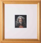 After Robert Lenkiewicz, a small miniature print 'Self Portrait', glazed and framed, overall size