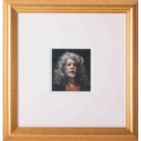 After Robert Lenkiewicz, a small miniature print 'Self Portrait', glazed and framed, overall size