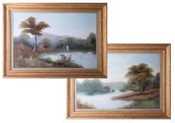 A pair of Edwardian landscape river scenes in original gilt frames, glazed, overall size 62cm x