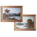 A pair of Edwardian landscape river scenes in original gilt frames, glazed, overall size 62cm x