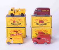 Matchbox Series A Moko Lesney three models 42, 69, 47 and also A Lesney number 28, boxed.