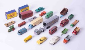 A collection of various play worn unboxed Matchbox and other models, approximately 20 and two