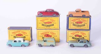 Matchbox Series A Moko Lesney five models 43, 50, 53, 59, 65, (5), boxed.