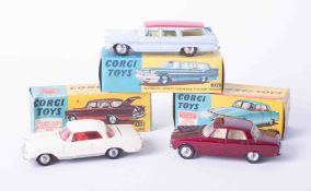 Corgi Toys three models, 252 Rover 2000, 230 Mercedes Coupe, 219 Plymouth Sports Suburban Station