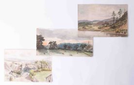 Three traditional English watercolours including cottages and landscape, and cattle landscape, the