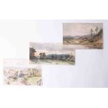 Three traditional English watercolours including cottages and landscape, and cattle landscape, the