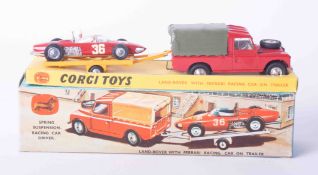 Corgi Toys gift set 17, Landrover with Ferrari racing car on trailer, boxed.