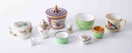 A miniature Crown Staffordshire vase and cover, other miniature porcelain including Worcester