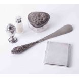 A silver and glass heart shaped box with embossed decoration together with a silver cigarette