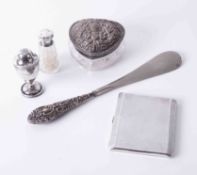 A silver and glass heart shaped box with embossed decoration together with a silver cigarette