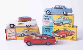 Corgi Toys three models, 263 Rambler Sports Fastback, 430 Bermuda Taxi and 252 Rover 2000, all