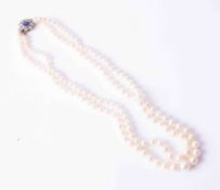 A fine cultured pearl two row choker style necklace with a sapphire & diamond gold clasp in the