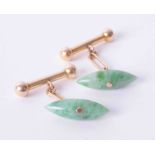 A pair of 14ct yellow gold and marquise shaped jade cufflinks.