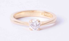 An 18ct yellow gold four claw ring set approx. 0.36 carat round brilliant cut diamond, colour F-G