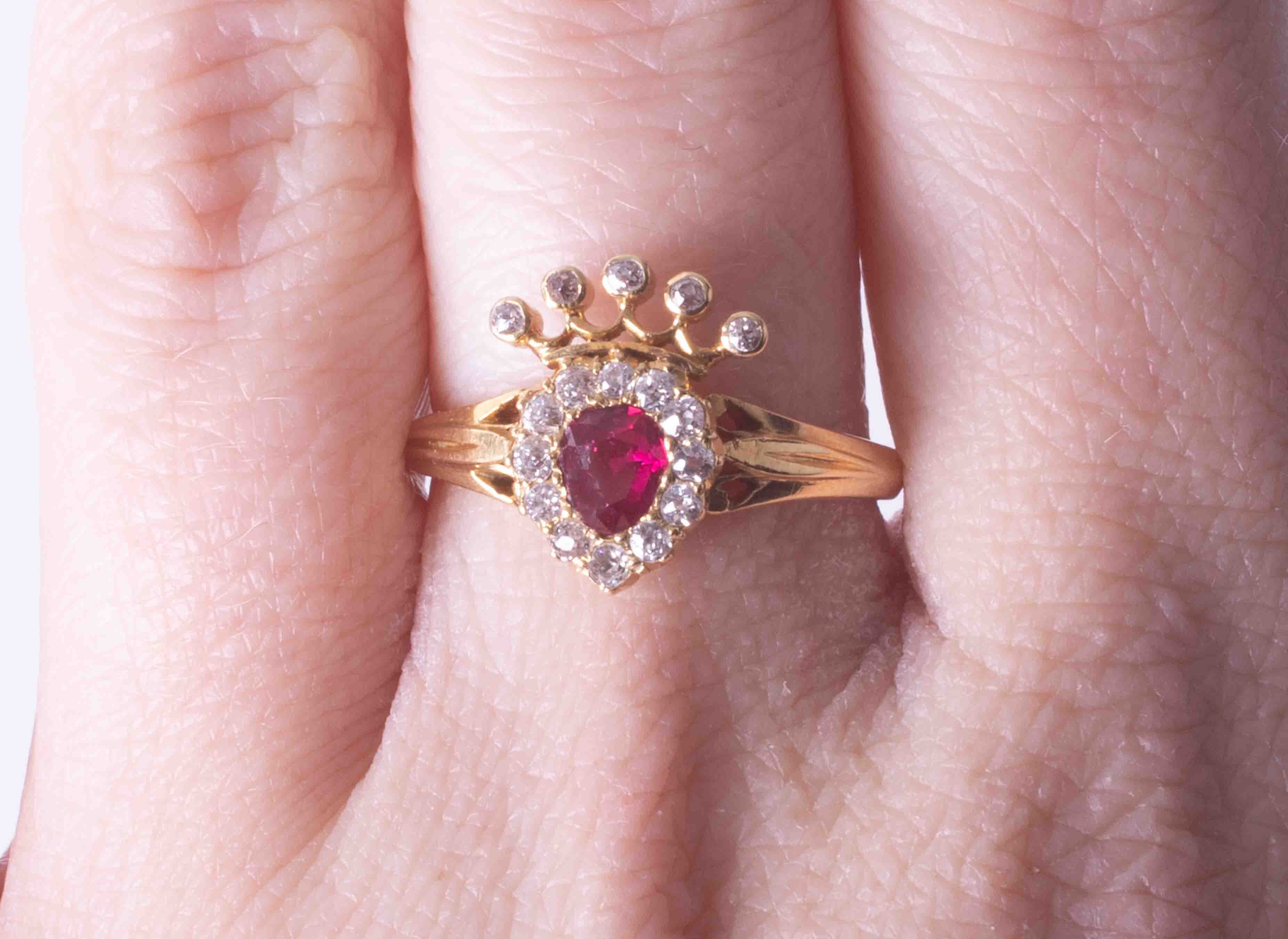 A Victorian 18ct yellow gold heart shaped Claddagh ring set oval ruby, approx. 0.35 carats - Image 2 of 3