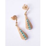 A pair of ornate 9ct yellow gold brushed effect drop earrings set turquoise with stud fittings, 3.