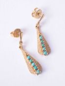 A pair of ornate 9ct yellow gold brushed effect drop earrings set turquoise with stud fittings, 3.