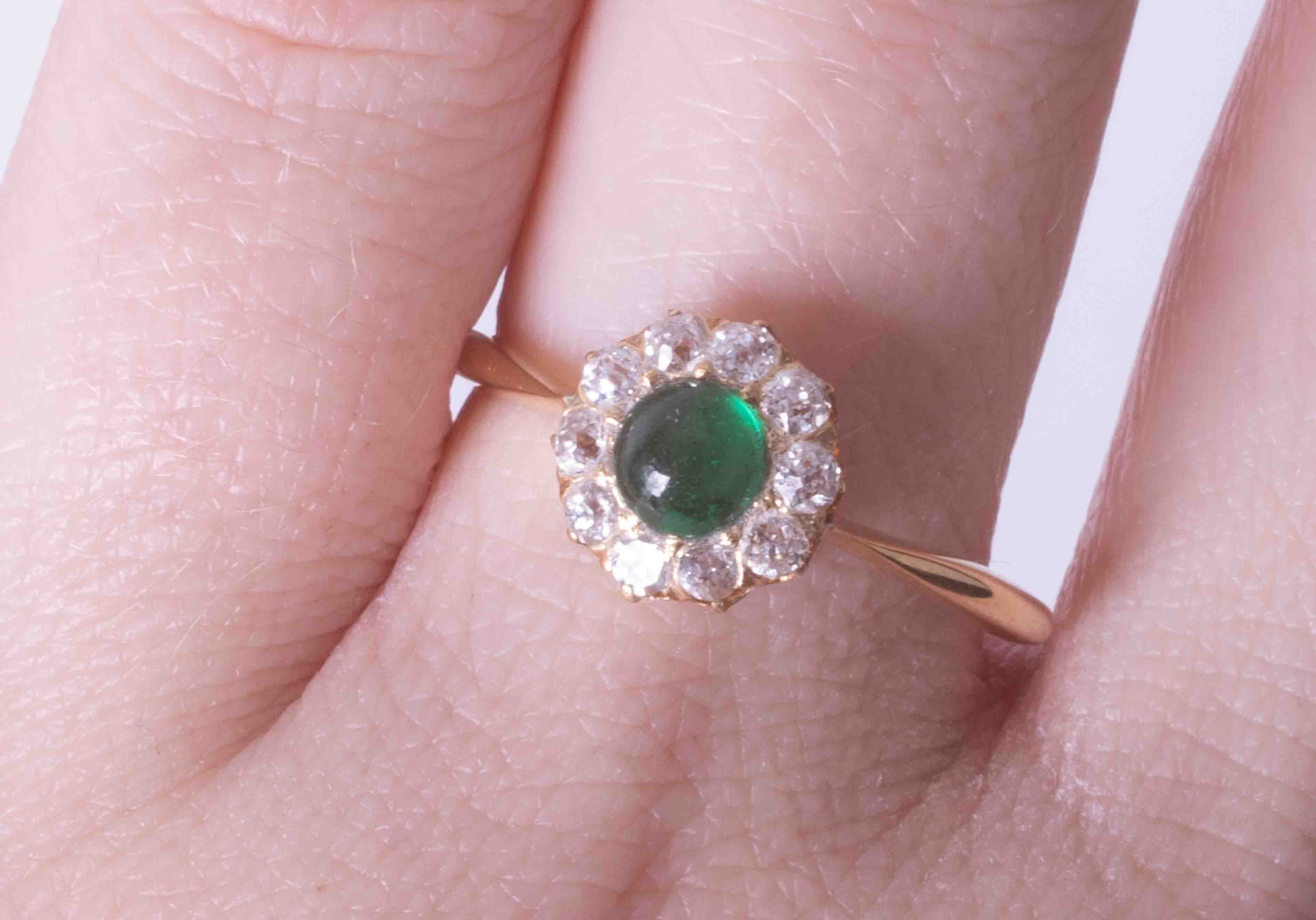 An antique 18ct yellow gold cabochon emerald and diamond cluster ring, (the emerald approx. 5mm - Image 2 of 2