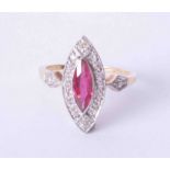 An 18ct yellow gold ruby and diamond ring set with marquise shaped ruby (approx. 0.90 carat)