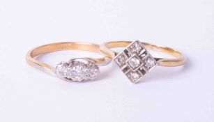 Two 18ct yellow gold rings, one of Art Deco style with small diamonds, finger size P and one three