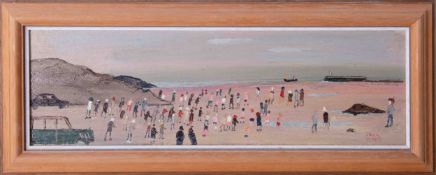 Fred Yates (1922-2008) 'A Gathering of People on a Beach' oil on board, 13cm x 41cm, signed,